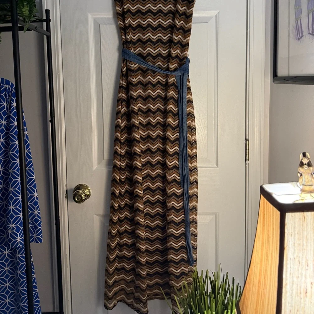 Tacera Striped Sleeveless Knit Maxi Dress Sheer Hem Belted Size M